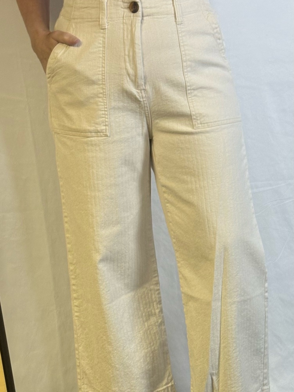 dip Cream High-Waist Wide Leg Pants with Front Patch Pockets